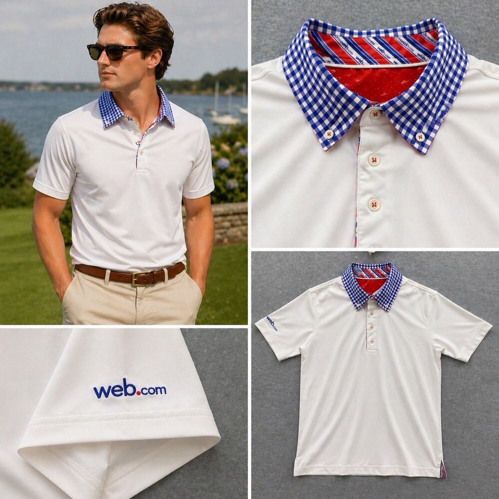 Finn Ryan Web.com Golf Polo Shirt Mens S White Blue Gingham Collar Performance